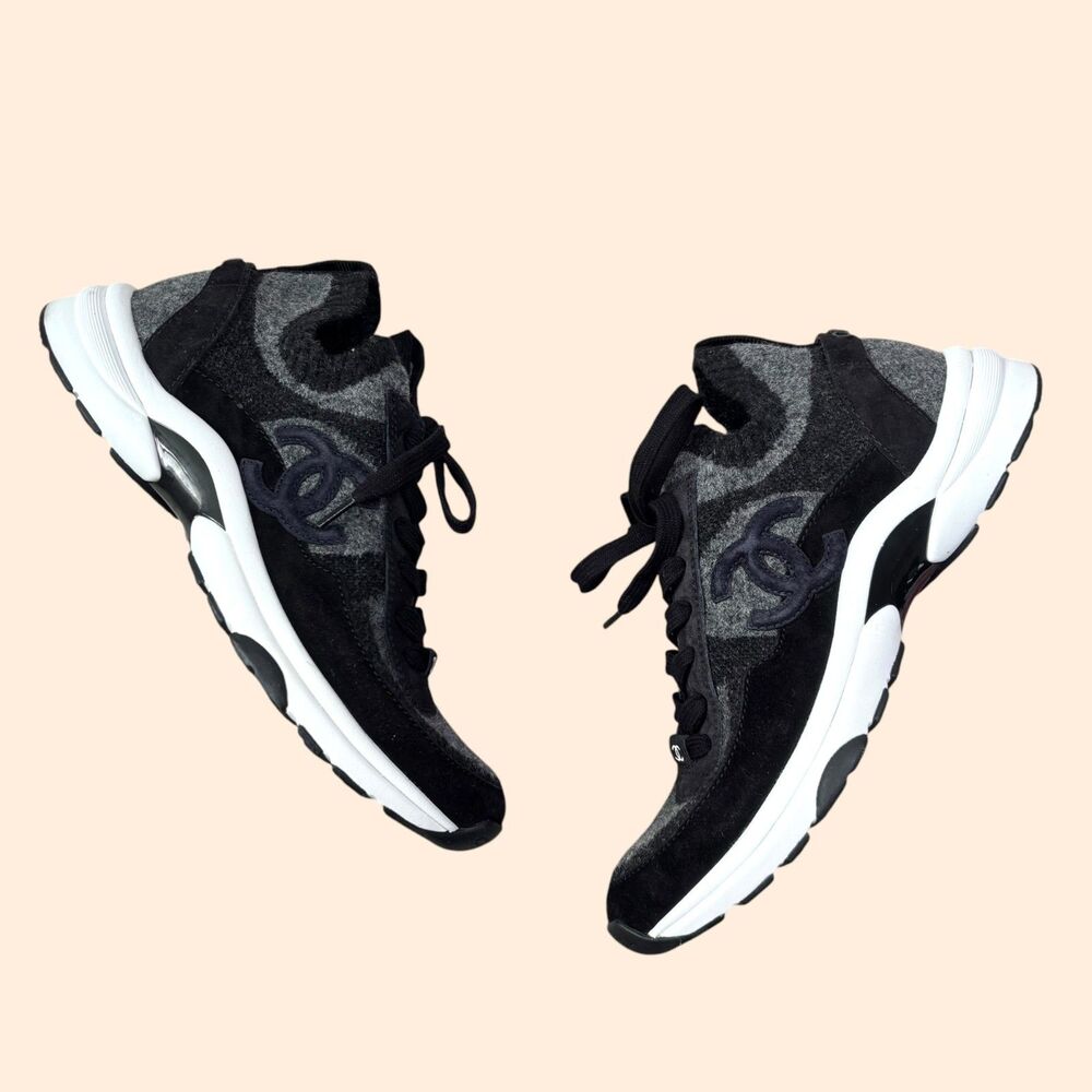 CHANEL Black and Gray Chunky Lace-Up Sneakers